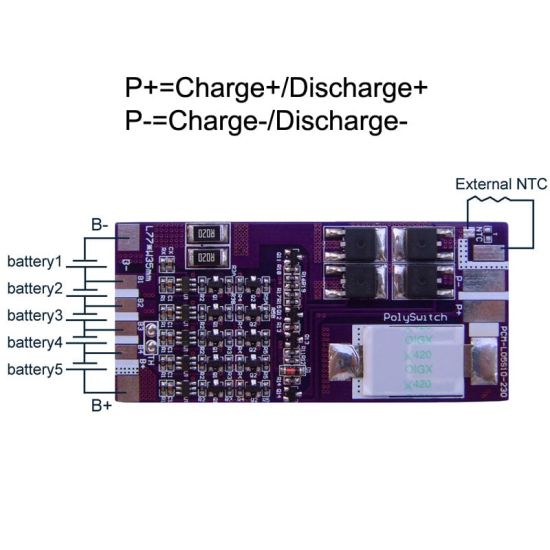 5S 10A PCM BMS para 18V 18.5V Li-Ion / Litio / Li-Polymer 15V 16V LIFEPO4 Paquete de baterías con NTC externo (PCM-L05S10-230)