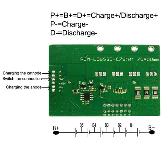 3S-6S C: 5A D: 30A PCM BMS para 21.6V 22.2V Li-Ion / Litio / Li-Polymer 18V 19.2V Batería de LIFEPO4 con interruptor de corriente débil (PCM-L06S30-C79)